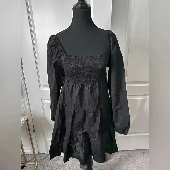 Steve Madden  | Black Smocked Puff Sleeved Peasant Mini Dress | Size M [24] - Picture 4 of 7